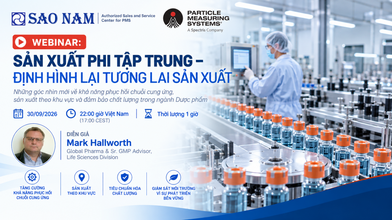 Webinar Particle Measuring Systems về sản xuất phi tập trung trong ngành dược phẩm, diễn giả Mark Hallworth