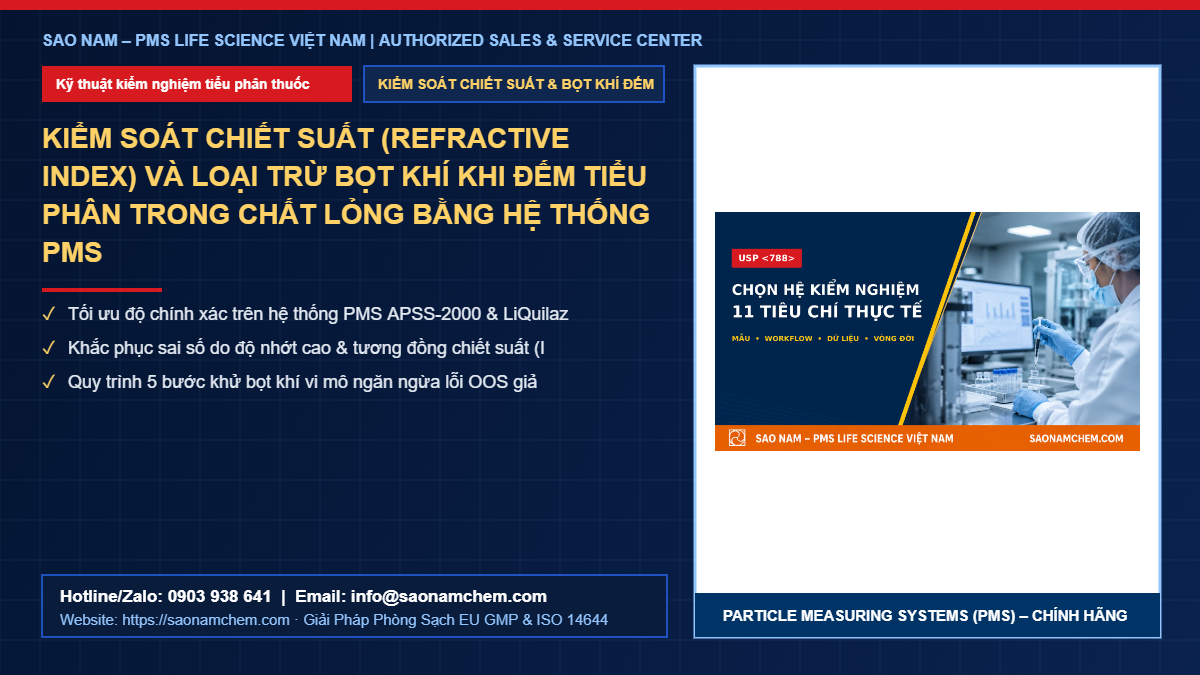 Kiểm soát chiết suất (Refractive Index) và loại trừ bọt khí khi đếm tiểu phân trong chất lỏng bằng hệ thống PMS